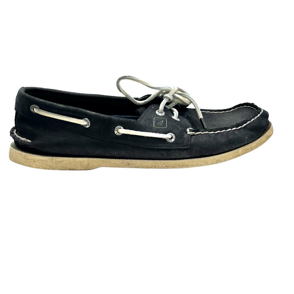 SPERRY TOP-SIDER A/O 2-EYE BLACK LEATHER WITH WHITE LACES AND SOLE BOAT SHOES - Picture 1 of 16